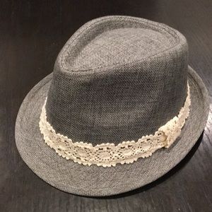 Fedora womens hat. Light grey with white lace trim